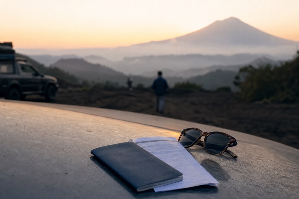 A closed navy passport and a folded printed booking sheet resting on a dusty car bonnet beside sunglasses, hazy volcano ridge blurred in the background