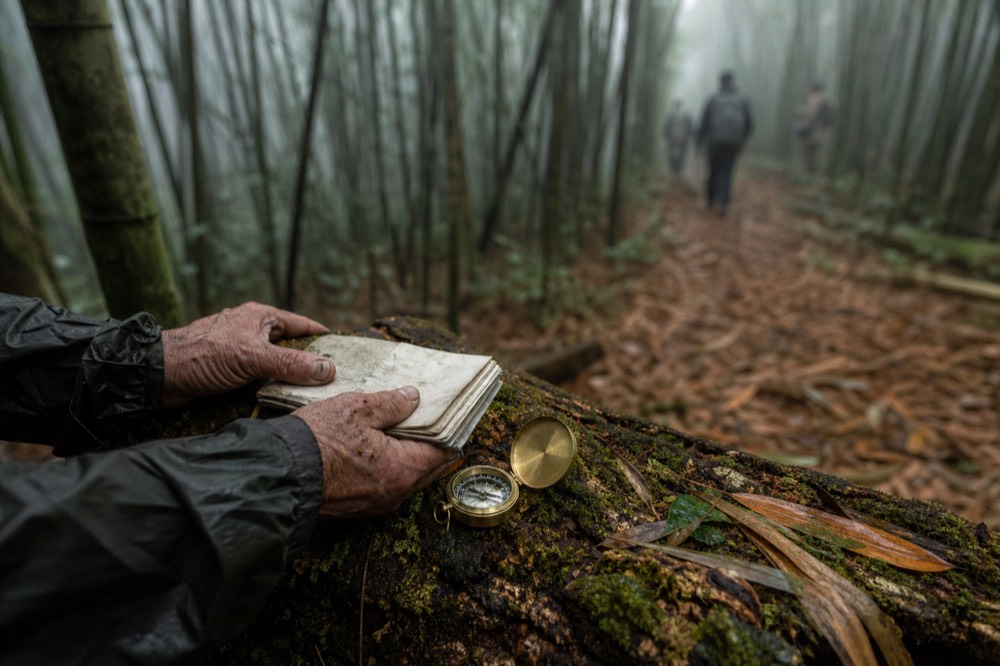 A guide's weathered hands holding a folded field notebook and a brass compass on a mossy log, forest floor and fallen bamboo leaves filling the frame